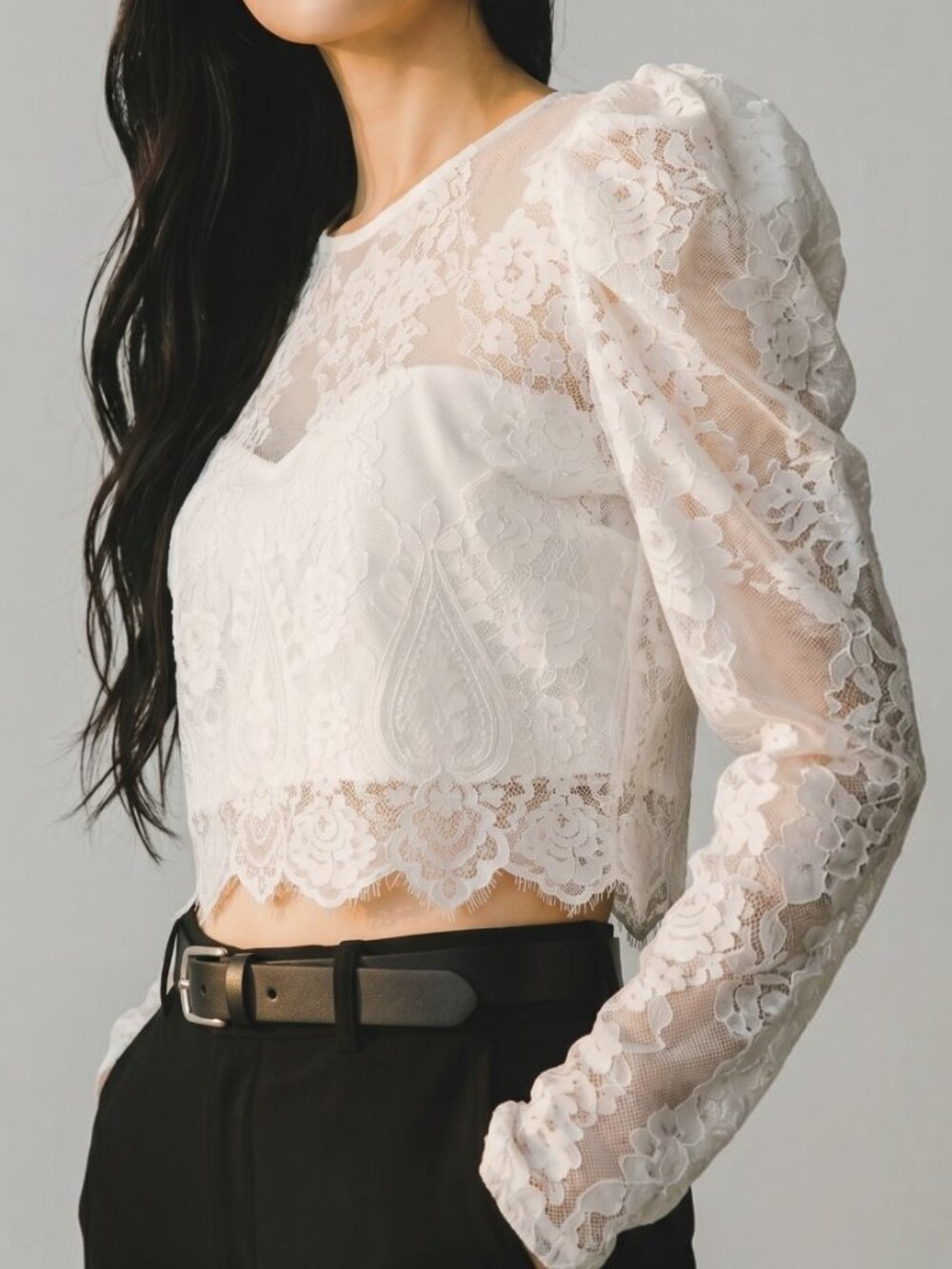 Lulus Ivory Lace Puff Sleeve Cropped Blouse Women's Size XL NWT